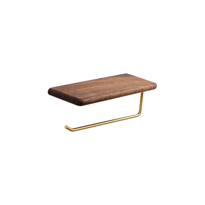 Floating Wall Shelf | Paper Roll Holder -Twin | Brass Gold With Walnut Panel