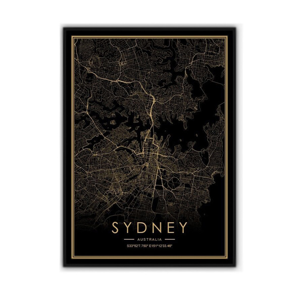 Gold Foil Stamping Map Wall Art Sydney 50 X 70cm Paper Print Black Frame
