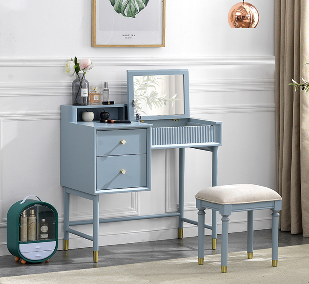 Danish Dressing Table OYMJ Foldable Mirror 2 Draws with Stool Set Light Blue Shufan
