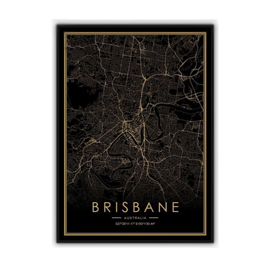 Gold Foil Stamping Map Wall Art | Brisbane | 50 x 70cm | Paper Print Black Frame