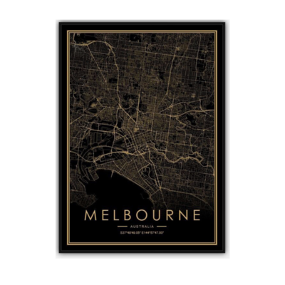 Gold Foil Stamping Map Wall Art | Melbourne | 50 x 70cm | Paper Print Black Frame