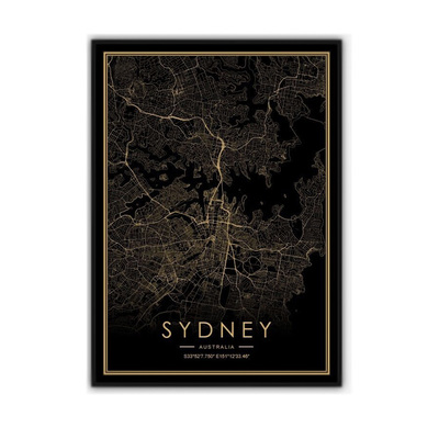 Gold Foil Stamping Map Wall Art | Sydney | 50 x 70cm | Paper Print Black Frame