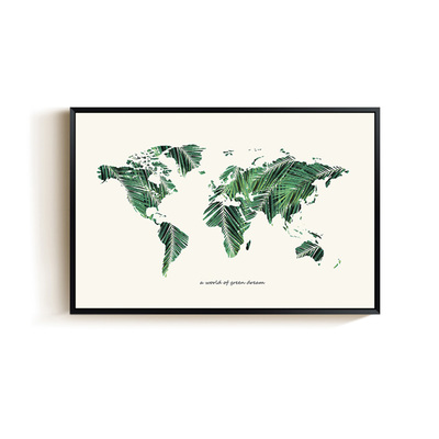 Canvas Print - Green World Map | Palm Leaves | Small 40 x 60cm | Wall Art Home Decor