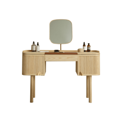 Danish Dressing Table | Fanji Solid Timber Brass Mirror Holder | JMT-165 VELLUM Leather | White Ash