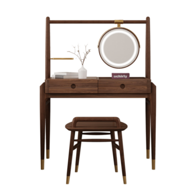 Danish Dressing Table | LED Mirror Brass Holder | 2 Draw Solid Stained Ash Timber