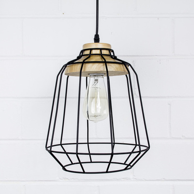 Vintage Pendant Lamp - Nordic Cage | w/ Frosted Bulb 40W | Industrial Wood Light