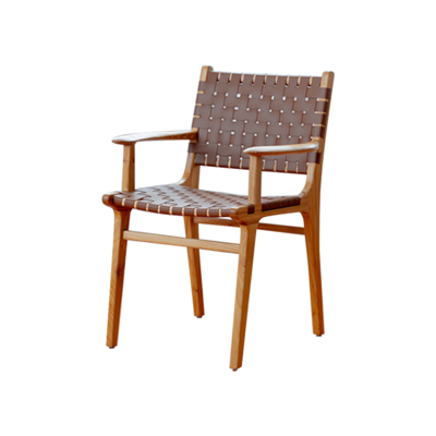 Lectory Brown Loft Woven Dining Chair | Mesh Leather Strip with Arm | White Ash Timber Frame