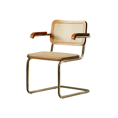 Shufan Rattan Vintage Dining Chair | Mesh Seat with Arm | Bent Gold Steel Tube