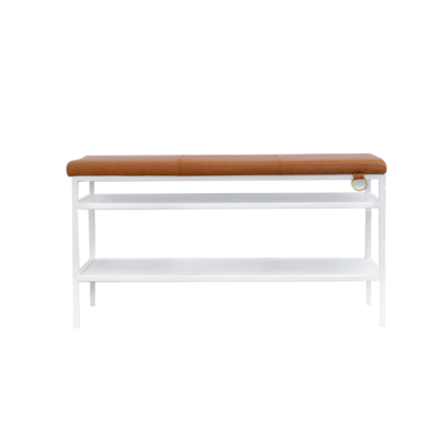 Lectory Shoe Rack Bench | Simplicity | White | Brown PU Leather Seat 92cm