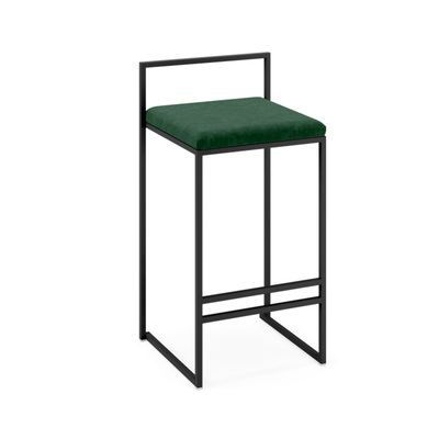 Minimalist Bar Stool | Bended Iron Rods with Fabric Cover | Black Frame + Olive Green Seat