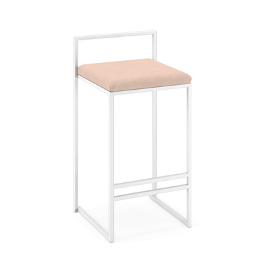 Minimalist Bar Stool | Bended Iron Rods with Fabric Cover | White Frame + Pink Seat