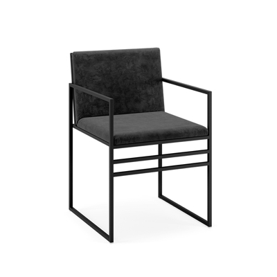 Minimalist Dining Chair | Bended Iron Rods Velvet Fabric | Black Frame Black Seat | With Arms