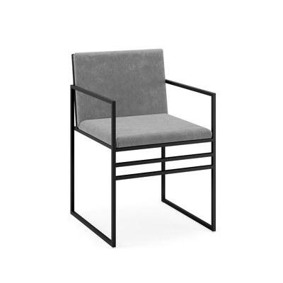 Minimalist Dining Chair | Bended Iron Rods Velvet Fabric | Black Frame Grey Seat | With Arms