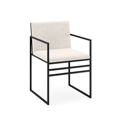 Minimalist Dining Chair | Bended Iron Rods Velvet Fabric | Black Frame White Seat | With Arms