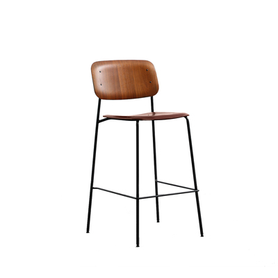 Danish Bar Stool | Replica Soft Edge | Stackable | Black Frame Dark Plywood Panel | Walnut Wood Grain