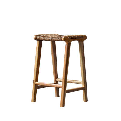 Woven Counter Stool | Muruya | Rush Rattan Woven Seat | Teak Timber Frame | Flat Stool