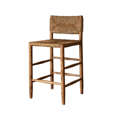 Woven Counter Stool | Manila | Rush Rattan Woven Seat | Elm Timber Frame | With Back Support