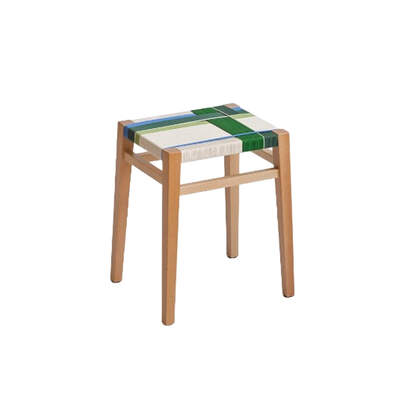 Retro Short Stool | Cotton-Linen Blend Woven Seat | The Wizard of Oz | Solid Beech Timber Frame | 45cm Seat Height