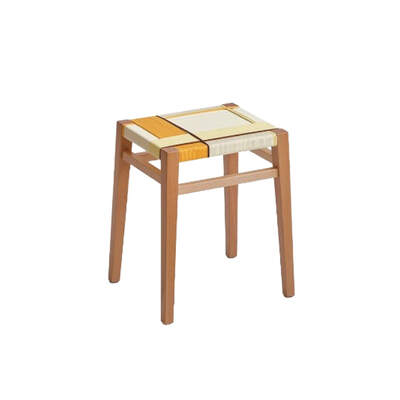 Retro Short Stool | Cotton-Linen Blend Woven Seat | Crème Caramel | Solid Beech Timber Frame | 45cm Seat Height