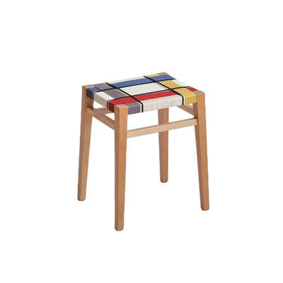 Retro Short Stool | Cotton-Linen Blend Woven Seat | Piet Mondrian | Solid Beech Timber Frame | 45cm Seat Height