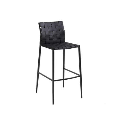 PU leather Barstool | Woven Leather Strip | Bented Steel Frame | Black Seat