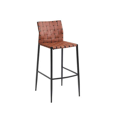 PU leather Barstool | Woven Leather Strip | Bented Steel Frame | Brown Seat