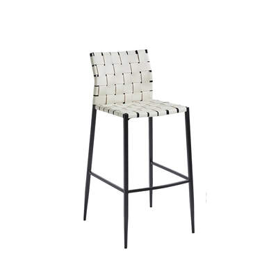 PU leather Barstool | Woven Leather Strip | Bented Steel Frame | White Seat