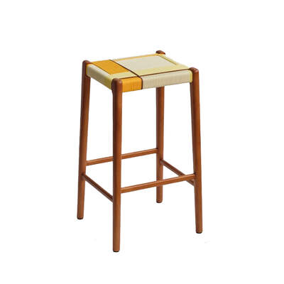 Retro Counter Stool | Cotton-Linen Blend Woven Seat | Crème Caramel | Solid Beech Timber Frame | 65cm Seat Height