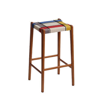 Retro Counter Stool | Cotton-Linen Blend Woven Seat | Piet Mondrian | Solid Beech Timber Frame | 65cm Seat Height
