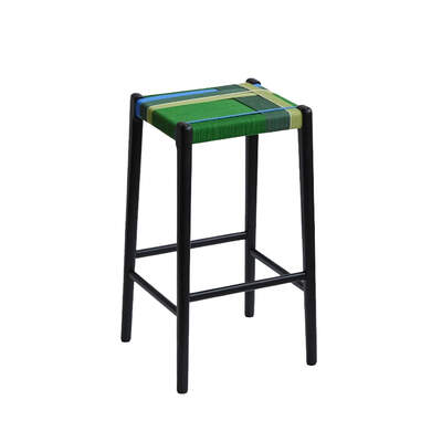 Retro Counter Stool | Cotton-Linen Blend Woven Seat | Deep Forest | Solid Beech Black Timber Frame | 65cm Seat Height