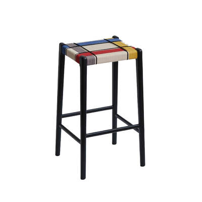 Retro Counter Stool | Cotton-Linen Blend Woven Seat | Piet Mondrian | Solid Beech Black Timber Frame | 65cm Seat Height