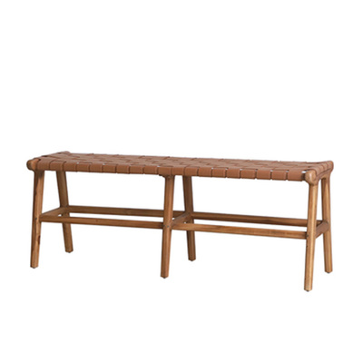 Loft Woven Long Bench | Timber Frame | Camel Mesh Leather Strip