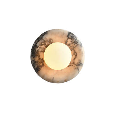 LED Wall Lamp | Round Bulgari Marble | Frost Glass Shade | 20cm |White Base Charcoal Veining Clusters