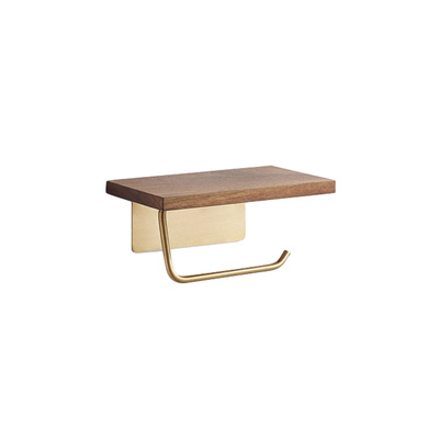 Floating Wall Shelf | Paper Roll Holder | Brass Gold With Walnut Panel | 12x20cm